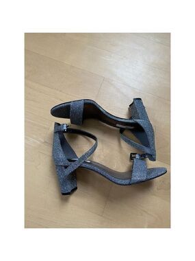 NINE West "Pruce" Silver Glitter Block Heel Ankle Strap Women New Sandal